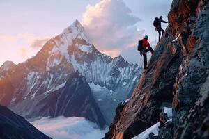 Climbers Scaling a Steep Rock Face in the Majestic Himalayan Mountains photo