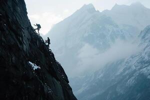 Climbers Scaling a Steep Rock Face in the Rugged Himalayan Mountains photo