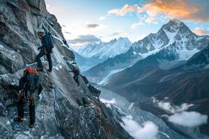Climbers Scaling a Steep Rock Face in the Rugged Himalayan Mountains with a Stunning photo