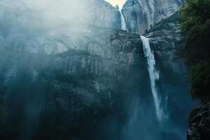 Towering Waterfall Cascading Down Rugged Cliffs in Yosemite National Park with a Beautiful photo