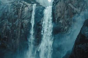 Towering Waterfall Cascading Down Rugged Cliffs in Yosemite National Park with Scenic Majestic Features photo