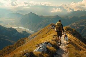 Dog Hiking Uphill on a Mountain Trail with a Panoramic   of Valleys Below photo