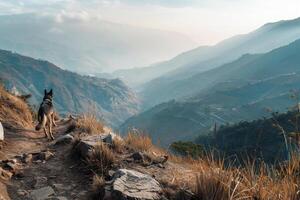 Dog Hiking Uphill on a Mountain Trail with a Panoramic   of Valleys Below photo