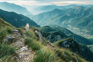 Dog Hiking Uphill on a Mountain Trail with a Panoramic   of Valleys Below photo