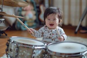 Baby Creating Rhythms with a Drum Set Enjoying the Beats and Sounds photo