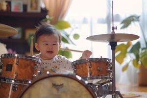 Baby Enjoying Musical Exploration with a Drum Set Creating Joyful Beats photo