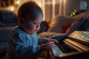 Baby Interacting with a Toy Piano Creating Joyful Melodies and Musical Fun photo