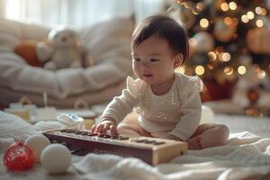 Baby Playing with Various Musical Instruments Exploring and Enjoying Sounds photo