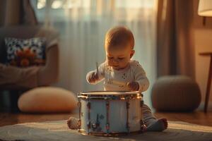 Baby Discovering Joy in Drumming Exploring Rhythms with a Drum Set in a Cheerful Environment photo