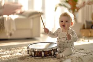 Baby Joyfully Drumming on a Toy Drum Set Creating Fun Beats and Exploring Music photo