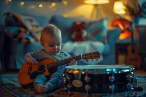 Baby Discovering the Joy of Music with Different Instruments Playful Exploration photo