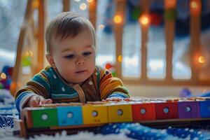Baby Enthusiastically Playing a Xylophone Discovering Melodic Patterns and Joyful Tunes photo