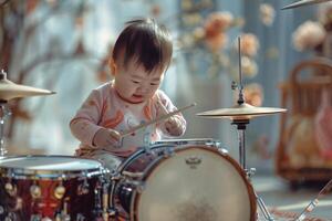 Baby Enthusiastically Drumming on a Toy Drum Set Creating Joyful Rhythms and Beats photo