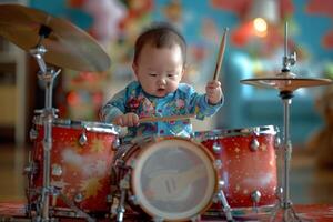 Baby Playing Enthusiastically with a Drum Set Enjoying Rhythmic Beats and Musical Fun photo
