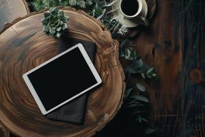 Tablet Screen Mockup Displayed in a Wood Studio Emphasizing a Sleek Design photo