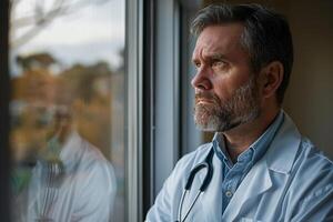 Male Doctor in Thoughtful Pose by Window with Daylight Background photo