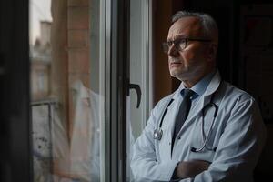 Male Doctor in Reflective Pose by Window with Daylight Background photo