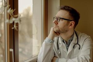 Male Doctor in Contemplative Pose by Window with Beige Background photo