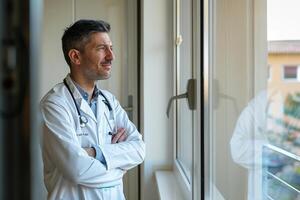 Male Doctor in Reflective Pose by Window with Beige Background photo