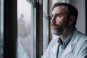 Male Doctor in Reflective Pose by Window with Daylight Background photo