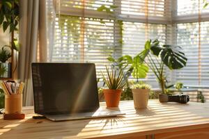 Laptop Mockup Featuring a Natural Wood Top and Daylight for a Professional and   Workspace photo
