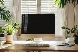 Desktop Computer Mockup with Natural Wood Top and Daylight in a   and   Office Environment photo