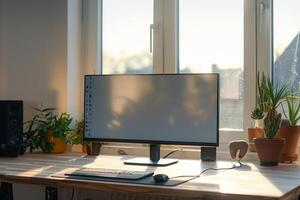 Desktop Computer Mockup on a Natural Wood Top with Daylight in a Professional and   Workspace photo