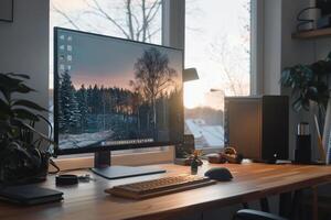 Desktop Computer Mockup with Natural Wood Top Under Daylight in a Sleek and   Office photo