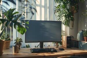 Desktop Computer Mockup Featuring a Natural Wood Top and Daylight in a   and Professional Workspace photo