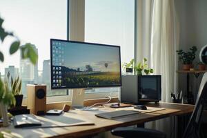 Desktop Computer Mockup with Natural Wood Top and Daylight in a Trendy Desk Environment photo