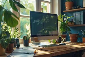 Desktop Computer Mockup with Natural Wood Top Under Daylight in a Professional Workspace photo
