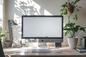 Desktop Computer Mockup with Natural Wood Top and Daylight in a   and Stylish Office Environment photo