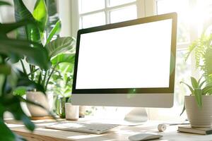 Desktop Computer Mockup Featuring a Natural Wood Top and Daylight in a Professional Workspace photo