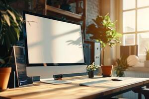 Desktop Computer Mockup with Natural Wood Top Under Daylight in a   and Trendy Workspace photo