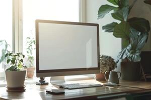 Desktop Computer Mockup on Bamboo with Natural Light and Neutral Background photo