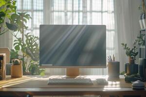 Desktop Computer Display Mockup on Bamboo Top with   Daylight and   Background photo