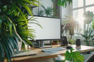 Desktop Computer Mockup with Natural Bamboo Top Under Daylight for a Chic Desk Environment photo