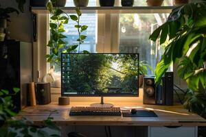 Computer Mockup on Bamboo Desk with Daylight and Neutral Background for Tech and Office Use photo
