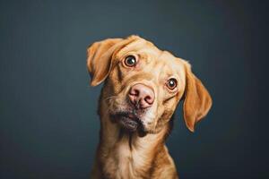 Dog Displaying an Interested Expression Against a Navy Background Perfect for Emphasizing Emotion photo