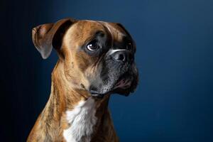 Dog with an Inquisitive Expression on a Navy Background Showcasing Canine Curiosity photo