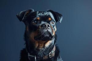 Dog with a Curious Expression on Navy Background Capturing a Moment of Canine Wonder photo