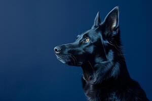 Dog with a Confused Look on a Navy Background Highlighting Canine Curiosity photo