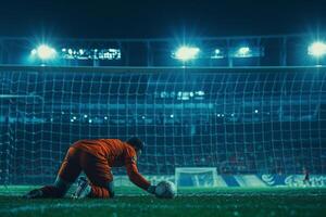 Goalkeeper Making a Save in Empty Stands with Spotlight Capturing a Key Moment in Soccer photo