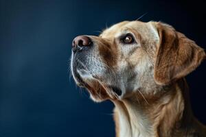 Dog with a Confused Expression on a Navy Background Highlighting Canine Emotions photo