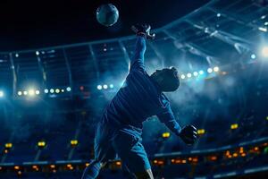 Goalkeeper Performing a Save with Empty Stands and Spotlight Demonstrating Skill and Precision photo