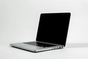 Laptop Mockup with Blank Screen on White Desk Perfect for Professional Use photo