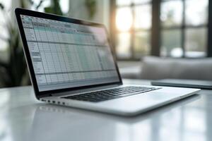 Laptop Mockup Displaying a  Spreadsheet on a White Desk in a Corporate Office photo