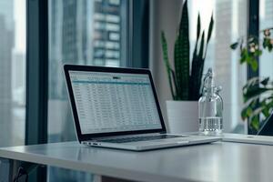 Laptop Mockup Displaying a  Spreadsheet on a White Desk in a Corporate Office photo
