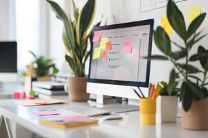 Computer Mockup Screen on White Desk with Meeting Notes Scattered photo