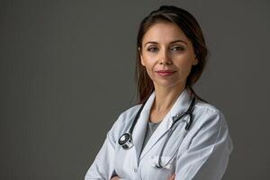 Female Doctor in White Coat and Stethoscope on Neutral Gray Background photo